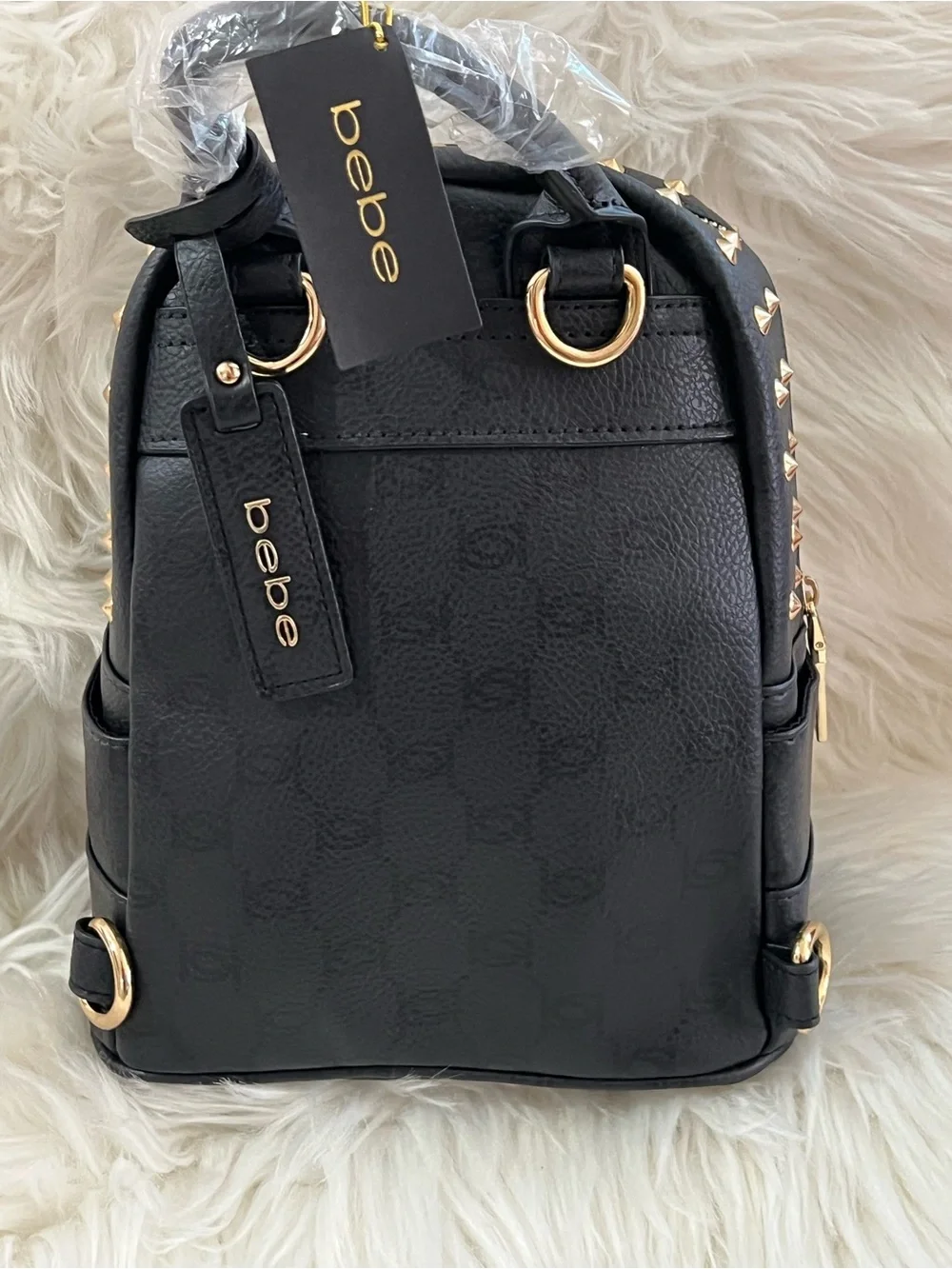 bebe Black Mini Studded Backpack with Gold Hardware